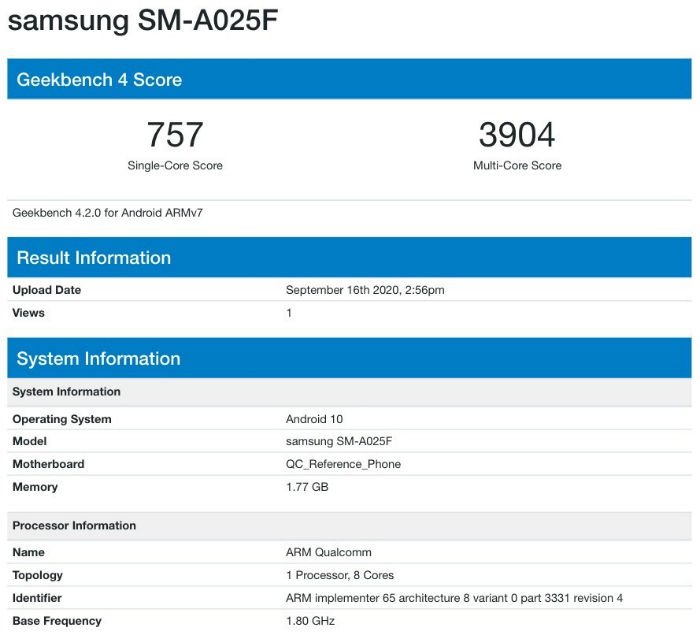 Purported Samsung Galaxy A02 seen on GeekBench