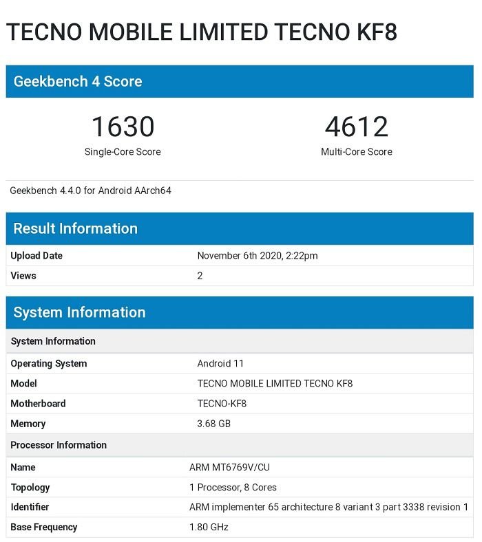 Tecno KF8 seen on multiple site with Helio G80 and Android 11