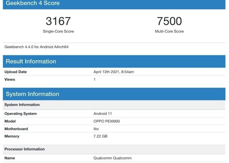 OPPO PEXM00 reveals Snapdragon 765/768 chip and 8GB RAM OPPO PEXM00 Geekbench 1 1