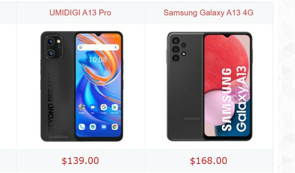 UMIDIGI A13 Pro vs Samsung Galaxy A13 4G specs comparison UMIDIGI A13 Pro vs Samsung Galaxy A13 4G specs comparison