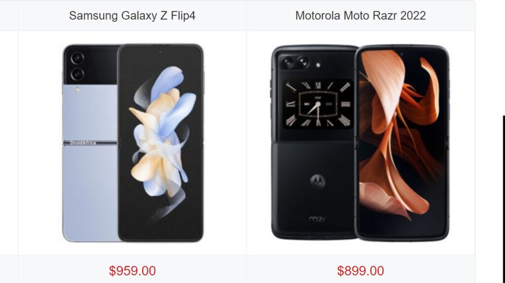 Samsung Galaxy Z Flip4 vs Motorola Moto Razr 2022 Galaxy Z Flip4 vs Moto Razr 2022 specifications comparison
