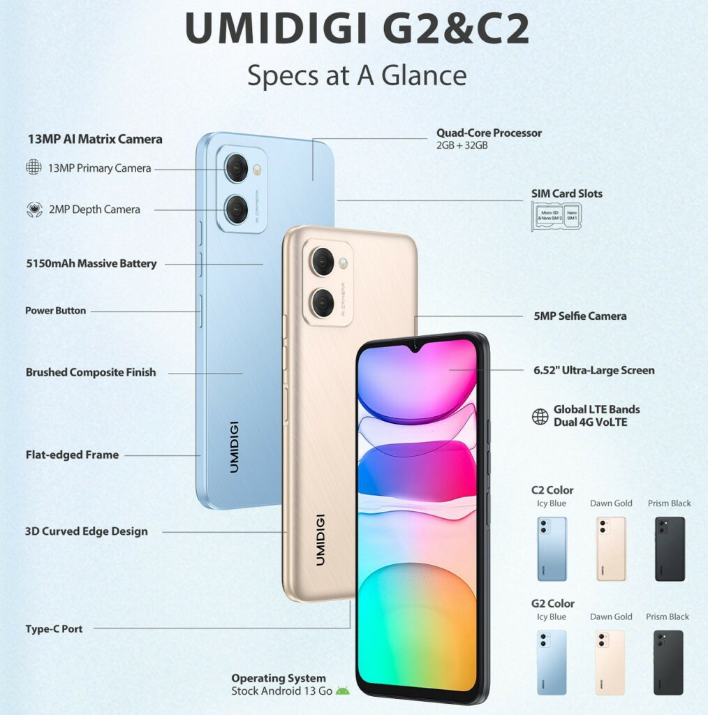 UMIDIGI G2 ＆ C2 specs and renders are here; comes with Helio A22 CPU Key specs of UMIDIGI G2 and C2