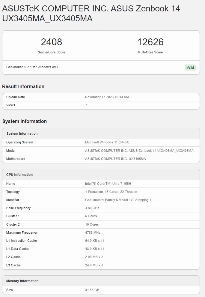 ASUS Zenbook 14 UX3405MA Benchmarked on Geekbench ASUS Zenbook (Lingyao) 14 UX3405MA Benchmarked on Geekbench | DroidAfrica